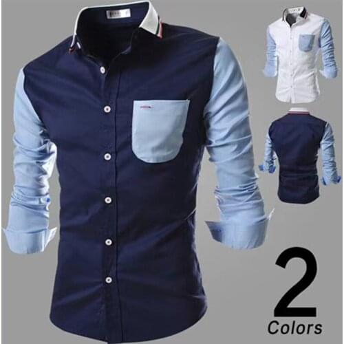 Global Mens Slim Fashion Long-Sleeved Shirt knit Collar Color Matching Design Classic Blue and White Inlaid Free Shipping