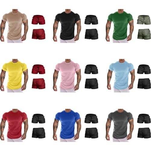 2021 Male Quick-dry Bodybuilding Workout Tees Suit Men Summer Running Training Breathable Shorts Color Suit