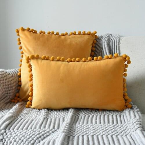 Set of 2 Soft Velvet Cushion Cover with Pompom Ball White Yellow Blue Pillow Cover Bedroom Sofa Decoration Pillow Cases