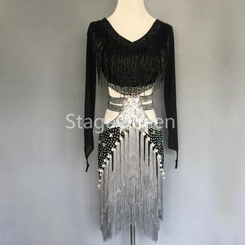 New Black Professional Latin Dance Dress Women Luxury High-end Fringe Rhinestones Kids Dresses For Girls Latin Competition Dress
