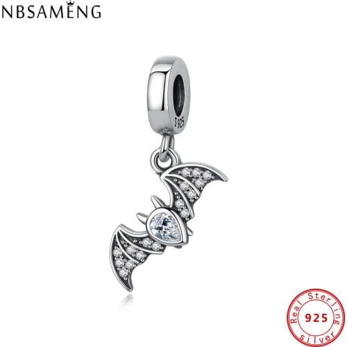 100% Original CZ 925 Sterling Silver Beads Bat Charms For Jewelry Fit Bracelet Necklace DIY Women