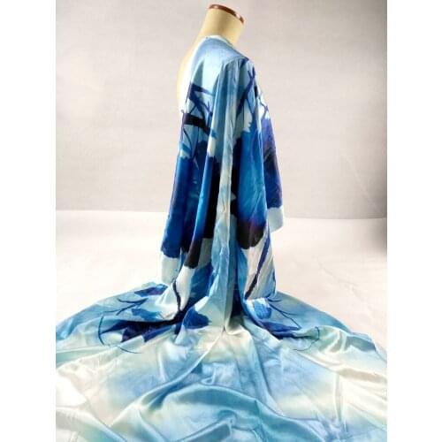 Blue Lotus flowers prints Japan style Dress 19mm silk satin fabric for silk dress quality 97% silk 3% spandex tissus au metre