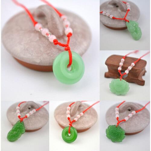 Unisex Pendant Necklace Jadeite Lotus Amulet Pendant Donut Disc Gem Gift Stone Loose Beads Handmade Red Rope Charms