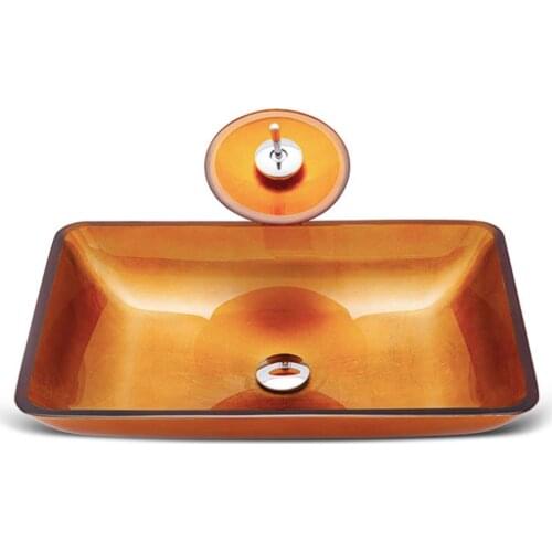 Tempered Glass Washbasin Rectangular Art Wash Basin Household Sink with Faucet Drainer & Drain Pipe