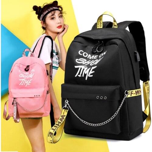2021 Luminous USB Charge Women Backpack Waterproof Polyester Fashion Letters Print School Bag Teenager Girls Ribbons Backpack