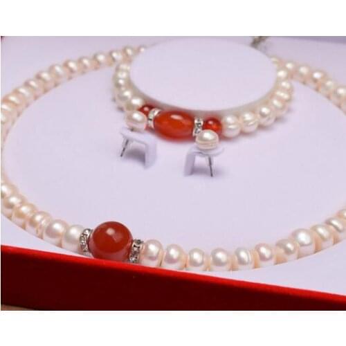 Jewellery white 8-9mm natural agate freshwater pearl necklace bracelet earrings natural