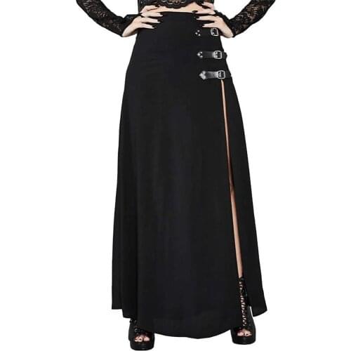 Gothic Women Solid Color Long Side Slit High Waist Ankle Length Skirt Streetwear