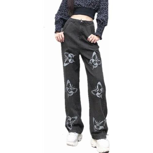 2021 Woman Long Wide Leg Trousers Cowboy Female Loose Streetwear Butterfly Print Pants New Summer Vintage Jeans