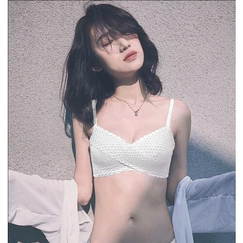 Sexy Cross Lace Gather Light Thin Bras Women Soft Lingerie Unlined Seamless Wire Free Adjustable Small Breast Push Up Brassiere