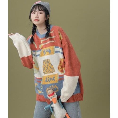 Vintage Sweater Womens Patchwork Cartoon Print Knitted Sweaters 2021 Autumn Winter Long Sleeve Pullover Women Loose Top