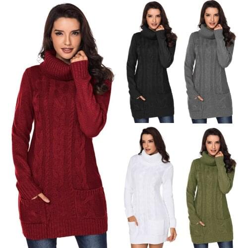Autumn Winter New Solid Color Long Sleeve High Neck Thick Warm Sweater Rib Knitted Medium Length Pullovers European Women 27836