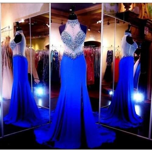 Royal Blue Mermaid High Neck Prom Dresses With Beaded Crystal Side Split Back Sheer Tulle Rode de Soirre Formal Evening Gowns
