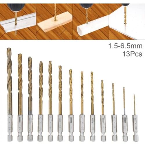 13Pcs 1.5 - 6.5mm HSS Titanium Coated 1 / 4 Inch Hex Shank High Speed Steel Drill Bit Set Woodworking