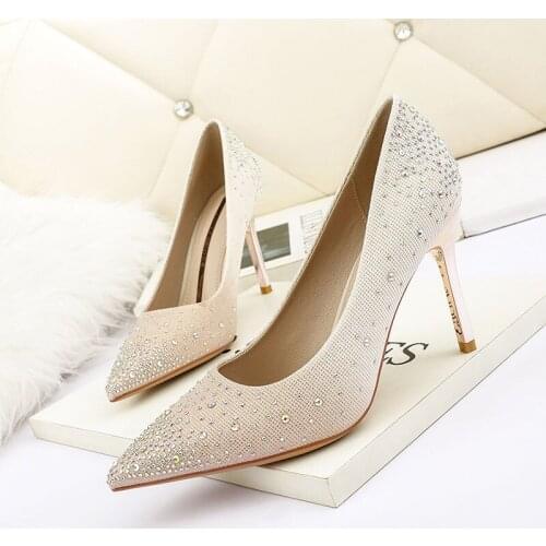 2021 Gradient Color rhinestones pumps woman crystal stiletto high heels shoes women party sequined cloth pointed toe tacones