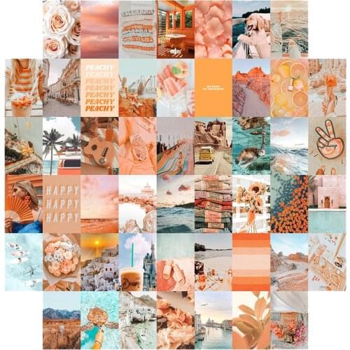 50Pcs Peach Theme Boho Style Beach Aesthetic Picture Wall Collage Island Vacation Print Kits for Girls Room Dorm Decorations