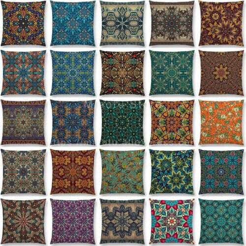 Boho Colorful Flowers Abstract Ethnic Floral Pillow Case Mandalas Pattern Design Vintage Patchwork Retro Cushion Cover