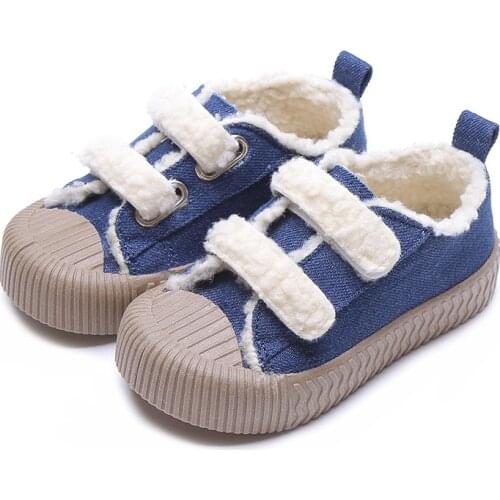 CAPSELLA Kids Autumn Winter Plush Lining Canvas Shoes Breathable Baby Children Boys Girls Hook & Loop Flats Size 21-30