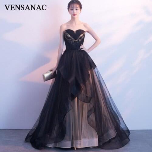 VENSANAC Crystal Strapless Lace Appliques A Line Long Evening Dresses Party Tiered Tulle Backless Prom Gowns