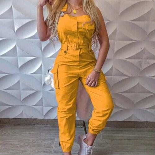 Cargo Jumpsuit Ankle Tied Shoulder Strap Breathable Women Sleeveless Skin-friendly High Waist Pockets Romper for Working