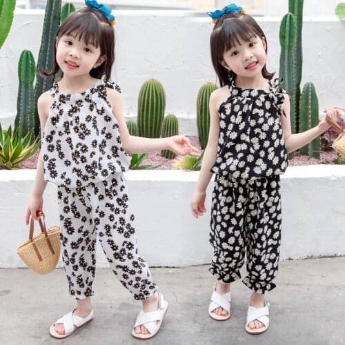 New Girls Baby Summer Clothing Set Printed Suits big bow shoulderless Tops Shirts And pants Kids children Casual Clothes