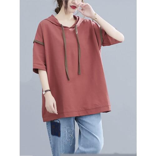 Summer Women Loose T-Shirts Hooded Korean Style All-Match Office Ladies Daily Home Sport Causal Drawstring Patchwork Tees Tops