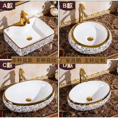 European-Style Oval Ceramic Table Basin Square Table Household Wash Basin Luxury Gold Above Counter Bath Vessel Sink with Tap