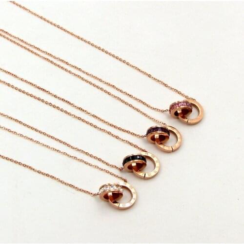 Stainless Steel Lover Double Round Circle Roman numerals Pendants Necklace Crystal Necklaces Women Girl Wedding Jewelry Gift