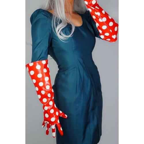 Womens Fashion Evening Wide Sleeve Pu Leather Glove with Dots Ladys Club Performance Formal Party Female Red Long Gloves