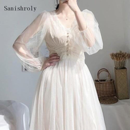 Sanishroly 2021 New Spring Women Button Puff Sleeve High Waist A-Line Dress Ladies Long Elegant V-Neck Lace Voile Mesh Dress 132