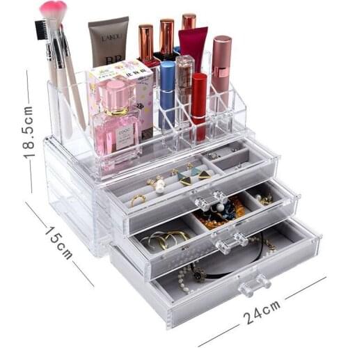 Clear Makeup Organizer Jewelry Storage Box 3 Drawers With Tray Earring Holder Lipstick Holder Home Desk Cosmetic Brush Organizer