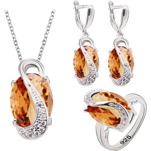Champagne Semi-precious Silver Color Jewelry Sets for Women Birthday Gift Earrings Necklace Pendant Ring