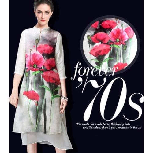 Red Poppy Silk Linen Fabric Dress Material Garment Shirt Flower Printing Fabrics