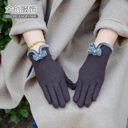 Warm bow cashmere gloves Korean version of slim manicure hand touch screen gloves winter gloves pink gloves winter gloves women