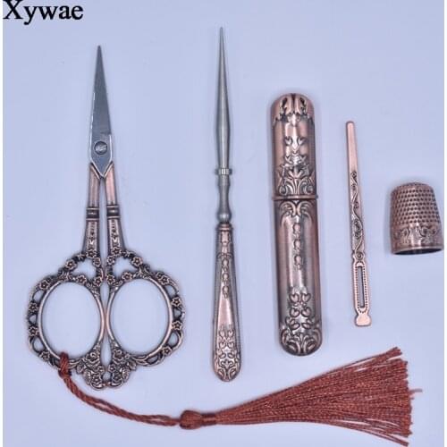 Vintage Retro Scissors Set Metal Awl+Threader+Thimble Fabric Embroidery Needlework Tools Scissors Sewing Thread Cutting Shears