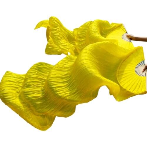 2018 High selling 100% Real Silk Veils 1 Pair handmade women Quality Silk Belly Dance Fan Dance yellow 180*90 cm