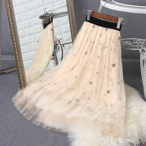 Fashion Mesh Women Long Skirt Elegant Spring Summer A Line Flowers embroidery High Waist Female Party Tulle Midi Pleated Skirt