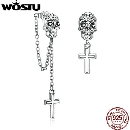 WOSTU Skull Cross Dangle Earrings 100% 925 Sterling Silver Long Chain Earrings For Women Halloween Party Jewelry 2020 CTE419