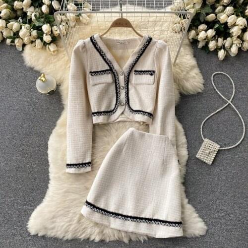 2021 Women Autumn New Elegant Fashion Set Long Sleeve Pearl Button Short Outerwear+High Waist A-line Short Skirts Two Piece Set