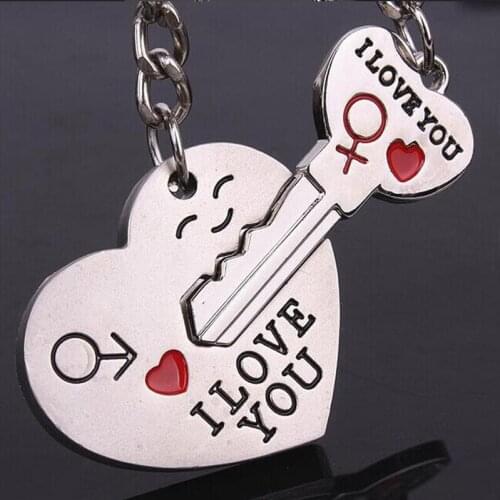 1 Pair Couple I Love you Keychain Heart Key Silver Plated Lovers Love Key Ring Valentines Day Souvenirs Gif
