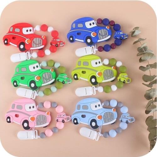 2PCS Babys Teether Toy Silicone Cartoon Car Shaped Silicone Pacifier Clip Baby Teething Nursing Toy Pacifier Chain BPA Free