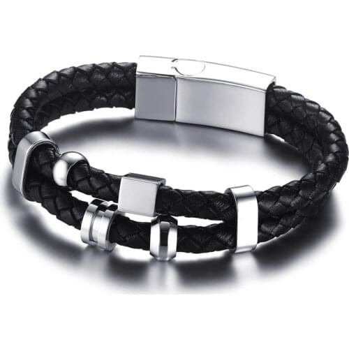 2021 Simple Style Stainless Steel Leather Material Magnet Buckle Two Loop Rope Black Suitable For Mens Fashion Charm Bracelet