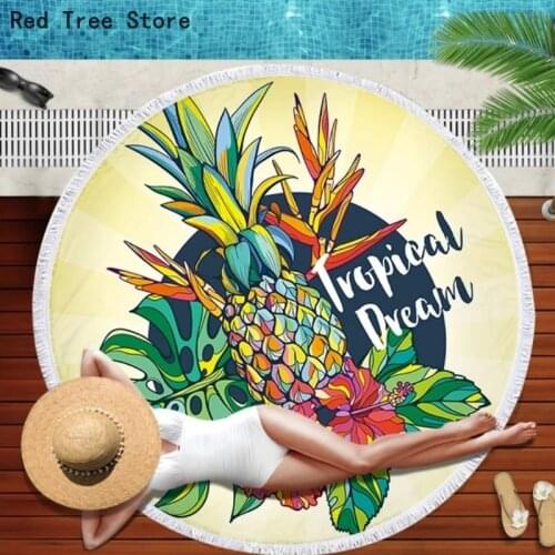 Pineapple Fruit Round Beach Towel with Tassel Bohemian Tropical Dream 150cm Large Blanket Picnic Yoga Mat travel Boho Tablecloth