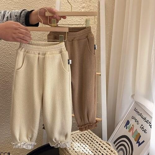 Girls Plus Velvet Pants 2021 Autumn and Winter New Baby Pit Pattern Knitted Casual Pants Korean Childrens Warm Pants Trousers