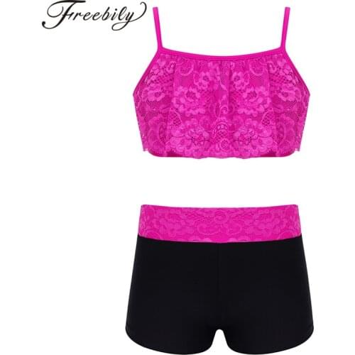 Kids Ballet Dancewear Tankini Outfit Floral Lace Crop Top with Bottoms Set for Ballet Gymnastics Leotard Girls Dance Costume