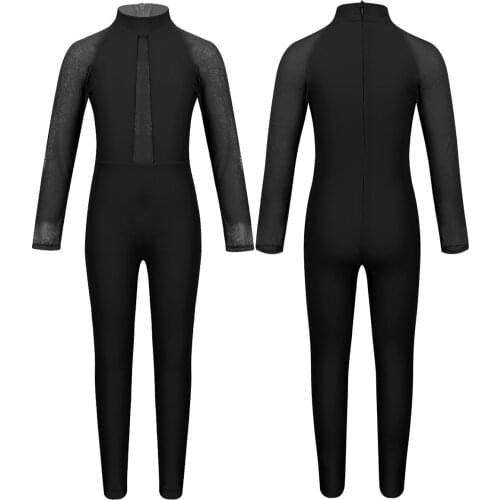 Kids Mesh Long Sleeves Unitards Mock Neck Zippered Ballet Dance Gymnastics Leotards Girls Dancewear Stage Performance Show Suit
