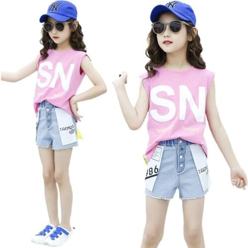 Elegant for Girls Design Outfits Fashion T-shirt Blouse Denim Shorts 2pc Child Clothes Sets Summer 4 To 12 Year Party Streetwear