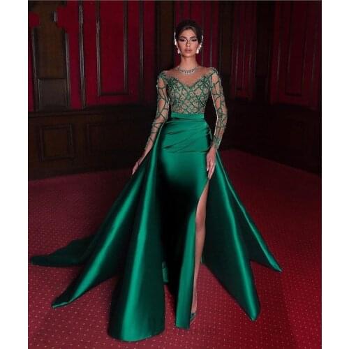 Elegant Mermaid Evening Dresses 2021 Emerald Green Formal Dress Full Long Sleeves Satin Sexy Slit Beads Party Prom Gowns