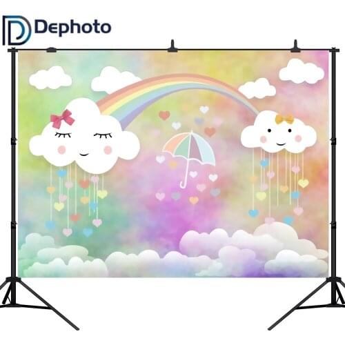 DePhoto Cartoon Cloud Rain Drops Rainbow Photography Backgrounds Baby Shower Newborn Birthday Party Photographic Backdrops