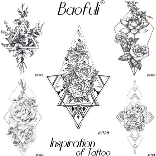 Geometric Triangle Roses Temporary Tattoo Flowers Waterproof Black Fake Tatoos Neck Back Hands Arms Legs Women Tattoo Stickers