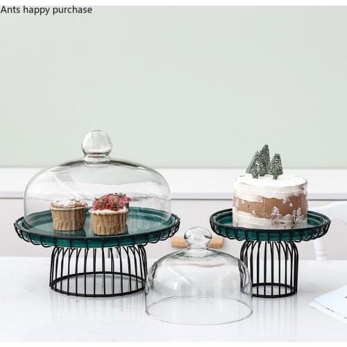 Wrought Iron Cake Ceramic Plate High Feet with Glass Cover Dessert Dessert Table Decoration Party Metal Display Stand Cake Stand